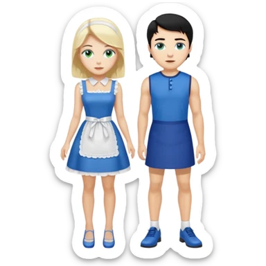 King, black hair, body, legst, blue eyes, blue garmont,  shoes, blonde maid, green eyes, sexy short sleveless White dress, shoes sticker