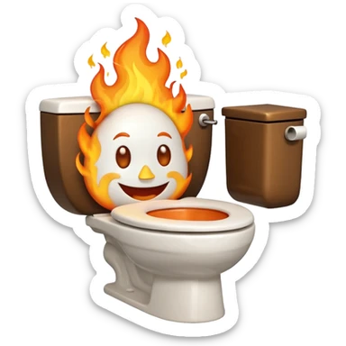 A smiling, happy toilet with fire coming from its bowl sticker