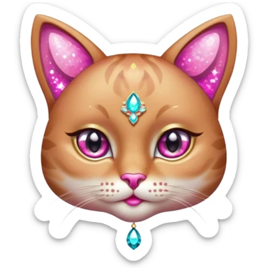 glamorous cat portrait, head and shoulders only, exaggerated pink makeup, bright eyeshadow, long eyelashes, shiny blush cheeks, sparkling face gems, glitter accents, elegant earrings, fantasy beauty style, cute 3D cartoon, mobile game icon style, clean background, no text, no watermark
 sticker
