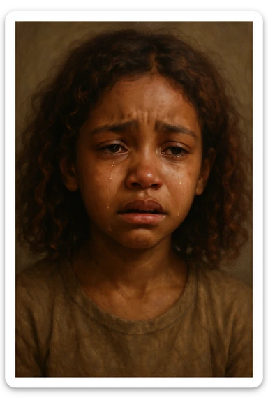 realistic digital painting of a brown-skinned girl with shoulder-length curly reddish hair, crying sticker