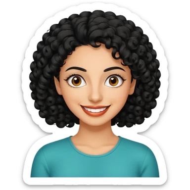 30 year old iranian woman very short curly black hair, big brown eyes, tanned skin, big smile, white teeth, pretty, stylish sticker
