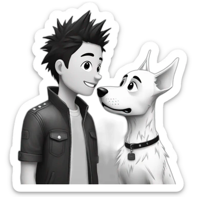 dog and a dark-haired girl with spiky hair looking at each other in style of ((sarah andersen)), black and white sticker