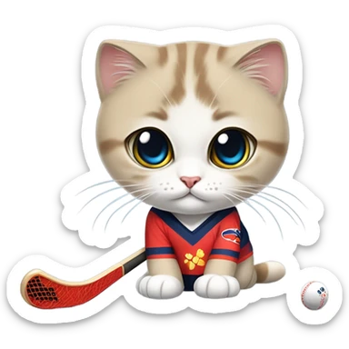 Scottish fold girl cat playing hockey  sticker
