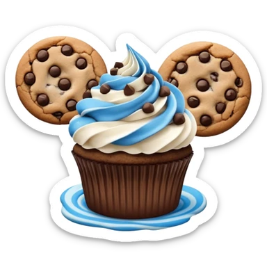 Chocolate cupcake with white and blue mixed frosting with a chocolate chip cookie on top  sticker