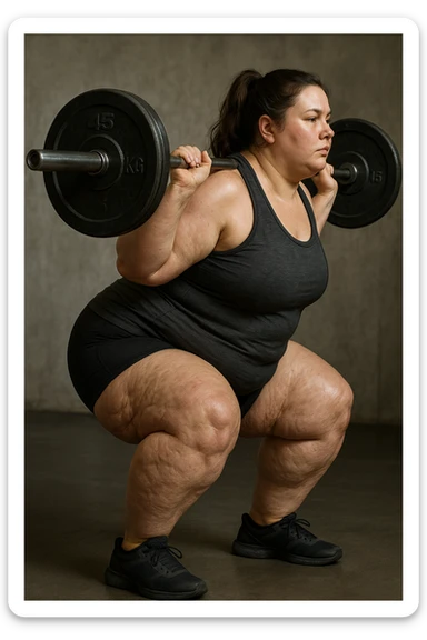 donna grassa con lipedema alle gambe che fa uno squat di profilo con bilanciere, IPERREALISTICA 4K sticker