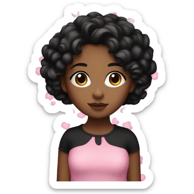Girl with brown skin and black hair and black curly hair wearing a pink flower top sticker