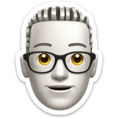 Cyborg head with fair skin, flat top haircut, rectangular glasses, circuits and smiling  sticker