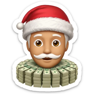 A confident rich emoji face wearing a Santa hat, money stacks, casino vibe, New Year theme, premium 3D emoji style, sharp details, no text, isolated on transparent background sticker
