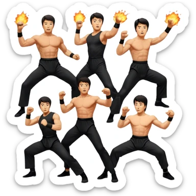 Icon for Action Movies: Collage of Arnold Schwarzenegger, Sylvester Stallone, Bruce Lee and Jackie Chan in iconic action poses, surrounded by explosions, weapons, and martial arts moves. The design should capture the high-energy, dynamic nature of their films. Transparent background. sticker