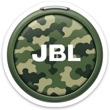 Most minimal JBL Clip 4 possible, flat circular design with clip, abstract green camo pattern, distinct JBL branding, iOS emoji style sticker