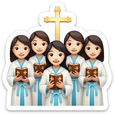 eight asian girls holding bibles and crosses and laughing to each other sticker