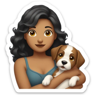 chubby girl with  wavy black hairs holding dog in her arms sticker