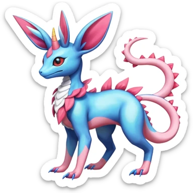 Shiny Horned Heliolisk-Sylveon-Salandit-Amaura-Fakémon-hybrid-creature (full body)  sticker
