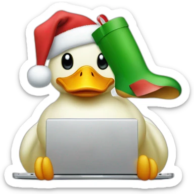 a duck behind a laptop wearing a christmas hat sticker