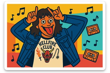 Eddie Munson in vibrant toon style, wide aspect ratio (16:9), making a playful face with hands as horns and tongue out, with musical notes and cassette tapes floating around, lighter vivid colors and dark outlines. sticker