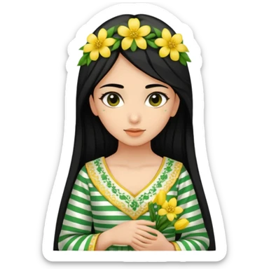A picture of a black-haired girl in a beautiful green Arabic dress with green dotted stripes and beautiful yellow flowers scattered and a white-faced girl sticker