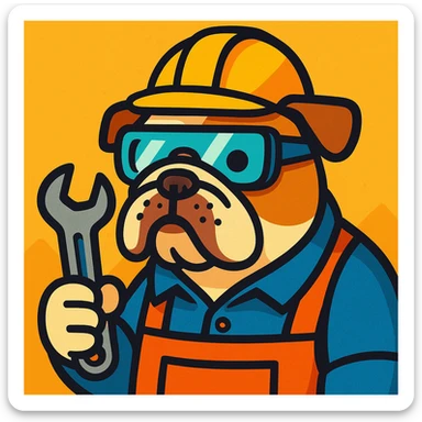 English Bulldog as a mechanical engineer, with safety glasses and a wrench, playful style sticker