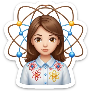 a Ukrainian girl with brown hair in an embroidered shirt and an atom sticker