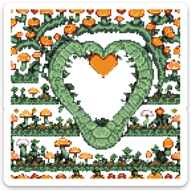 heart split in half with a mushroom motif on one side and a pumpkin motif on the other, pixel art style sticker