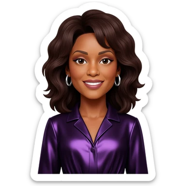 Whitney Houston with dark brown hair, dark purple metallic jumpsuit, silver earrings sticker