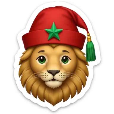 Cute lion emoji face wearing a red Moroccan fez with a green star on the front and a black tassel on the right side. Solid dark-blue background. sticker