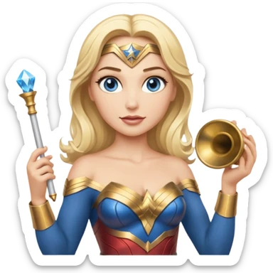 Blonde blue eyed Wonder Woman holding white orchestra conductor’s baton and bell sticker