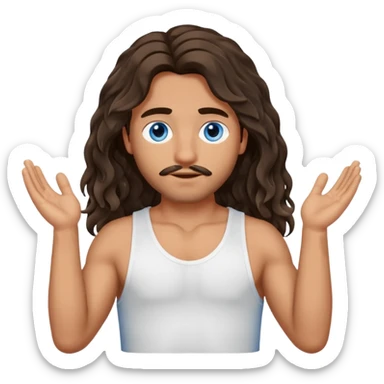 Men with olive skin, blue eyes, brown dark insanely wavy long hair, white camisole, left hand palm up crossing arms in front of face sticker