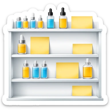 big long white shelf with luxury brand serum and big sticky note sticker