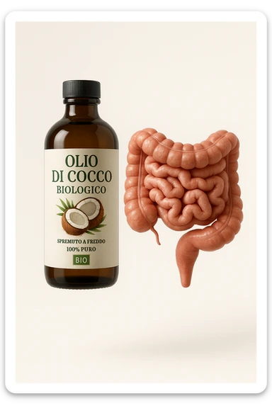 BOCCETTA DI OLIO DI COCCO BIOLOGICO (FAI UN ETICHETTA SUL PRODOTTO IN ITALIANO) CHE FLUTTUA IN ARIA INSIEME A UN INTESTINO UMANO ANATOMICO IN PERFETTA SALUTE, SFONDO CHIARO, iperrealistico 4k sticker