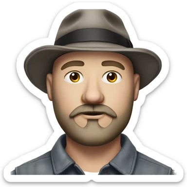Photorealism A plump bald man of Slavic appearance with a goatee beard and mustache, wearing a fedora hat, big details sticker