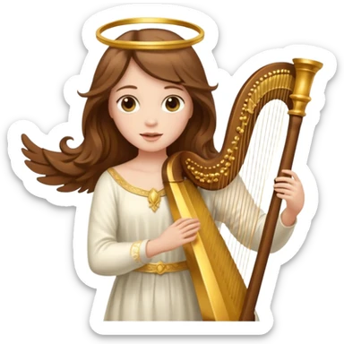 Female angel holding harp with flowing brown hair sticker