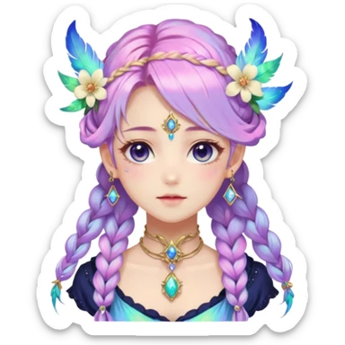 Beautiful gorgeous anime lady with beautiful iridescent-nebula-braided-hair, fashion aesthetic, ethereal, fairycore, pastelcore, feathers, flowers, gems, accessories, jewelries, gold, colorful sticker