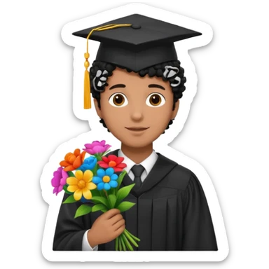 Graduated Students, Male,  brown skin, black curly hair, wearing graduation cap, holding bouquet of flowers
 sticker