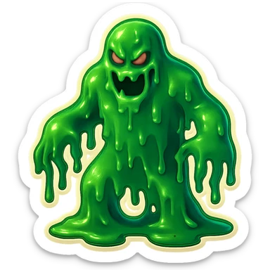 Slime monster. green slime. scary sinister. slime attacks. show full body. more dripping slime. talk humanoid slime creature. sinsiter and scary...green slime. has 2 arms and a vague head sticker