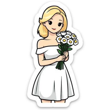 blonde woman in a white off-shoulder dress with a bouquet of white flowers sticker