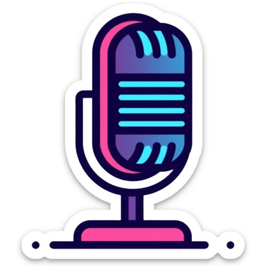 desktop studio microphone in profile view with neon glow effect, blue and purple neon glow on top left, pink neon glow on bottom right sticker