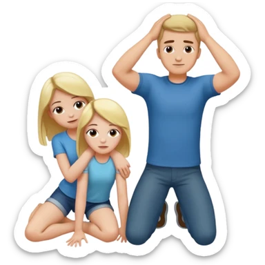 girl on her knees in front of a man standing with him arms behind his head sticker