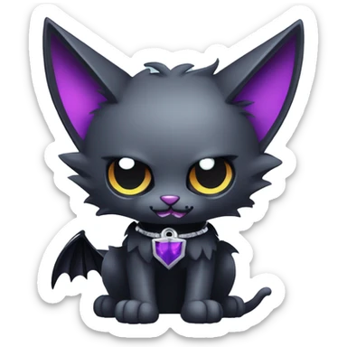   cool edgy kawaii ethereal dark-punk-themed animal vampiric cat-hybrid Fakemon with fangs and bat-wing-ears with a collar full body sticker