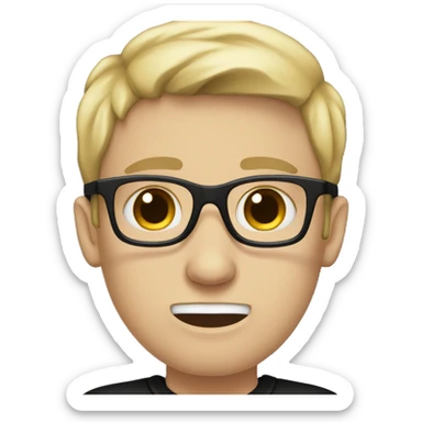 white male with black glasses, black cap and black t-shirt with blue eyes crying sticker