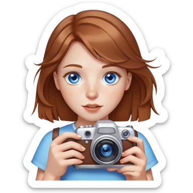 девочка ( светло русые волосы , голубые глаза, пухлые губки, веснушки , проколотый нос, держит в руках фотоаппарат и называется фотоаппарат lumina_arc sticker