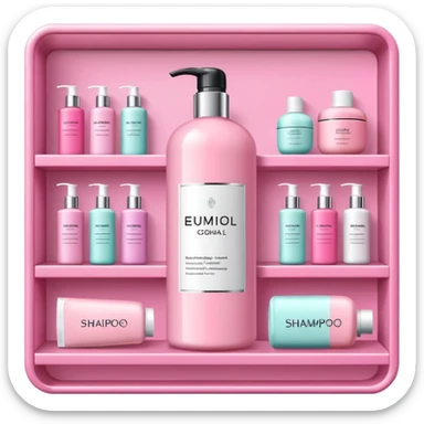 products on a shelf, there are Shampoo bottle, color tube, and conditioner on a pink shelf, the products are luxury brand-labeled and have nice packaging sticker
