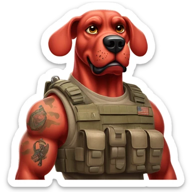 Desert storm Clifford the big red dog muscular with tattoos on arms book illustration humanoid as a military call of duty character standing alone sticker