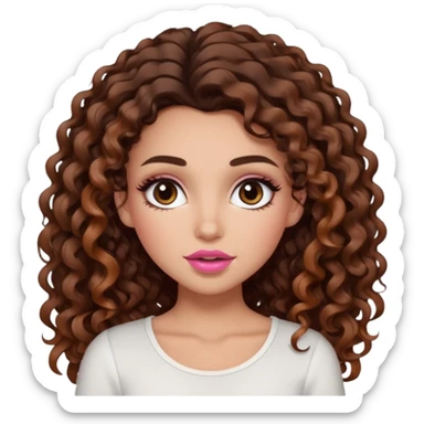 white girl with long voluminous dark brown curly hair with caramel highlights wearing a white top. Blush on the cheeks and big eyelashes and a brown-pink lip combo  sticker