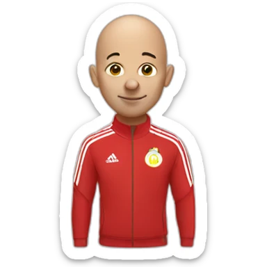 Bald man in red Adidas training suit with clown hair and nose sticker
