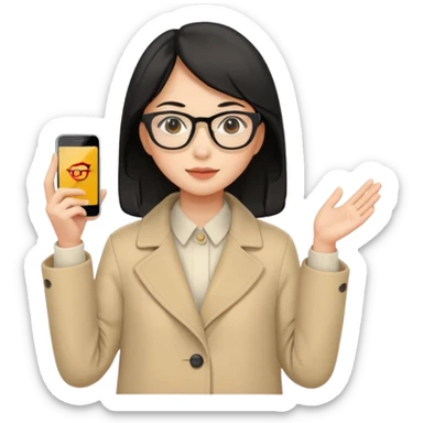 asian young woman black-haired in beige coat with glasses sticker