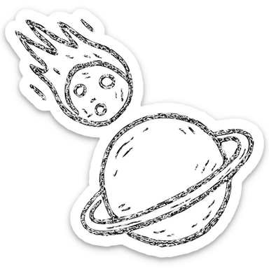 minimalist hand-drawn outlined icon of a meteor and planet, worn distressed effect sticker