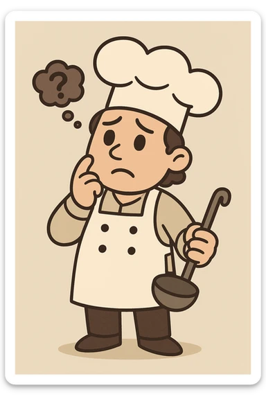 cute and simple style chef thinking with a worried expression, wearing apron and chef hat, holding a ladle sticker