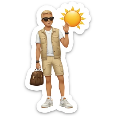 Man standing confidently, wearing Jordan’s with sunglasses, one hand touching the glasses, the sun reflecting off of them. The other hand is on his hip, admiring his shoes sticker