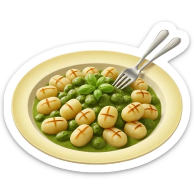 Gnocchi Cinematic Realistic Gnocchi Dish Emoji, depicted as tender oblong potato gnocchi garnished with iconic fork marks on top, rendered with soft textures and warm, inviting lighting. add green pesto sauce sticker