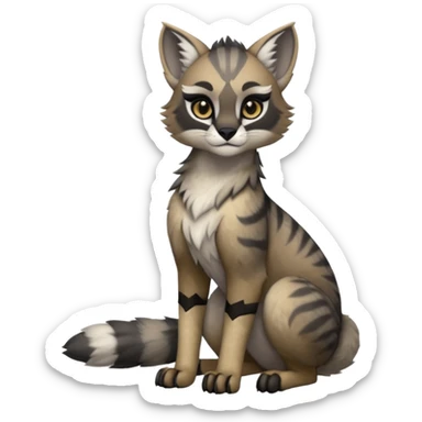 Cute kawaii cool edgy badass  ashen grey fur with smoky charcoal ombré fade fantasy-caracal-civet-genet-sergal-vernid-Gryphon-Cacomistle-Trico-oncilla-animal-Fakémon-hybrid-fursona (full body), facial markings, (realism style) sticker